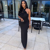 Halter Dress Solid Color Sleeveless Stitched Backless Asymmetric